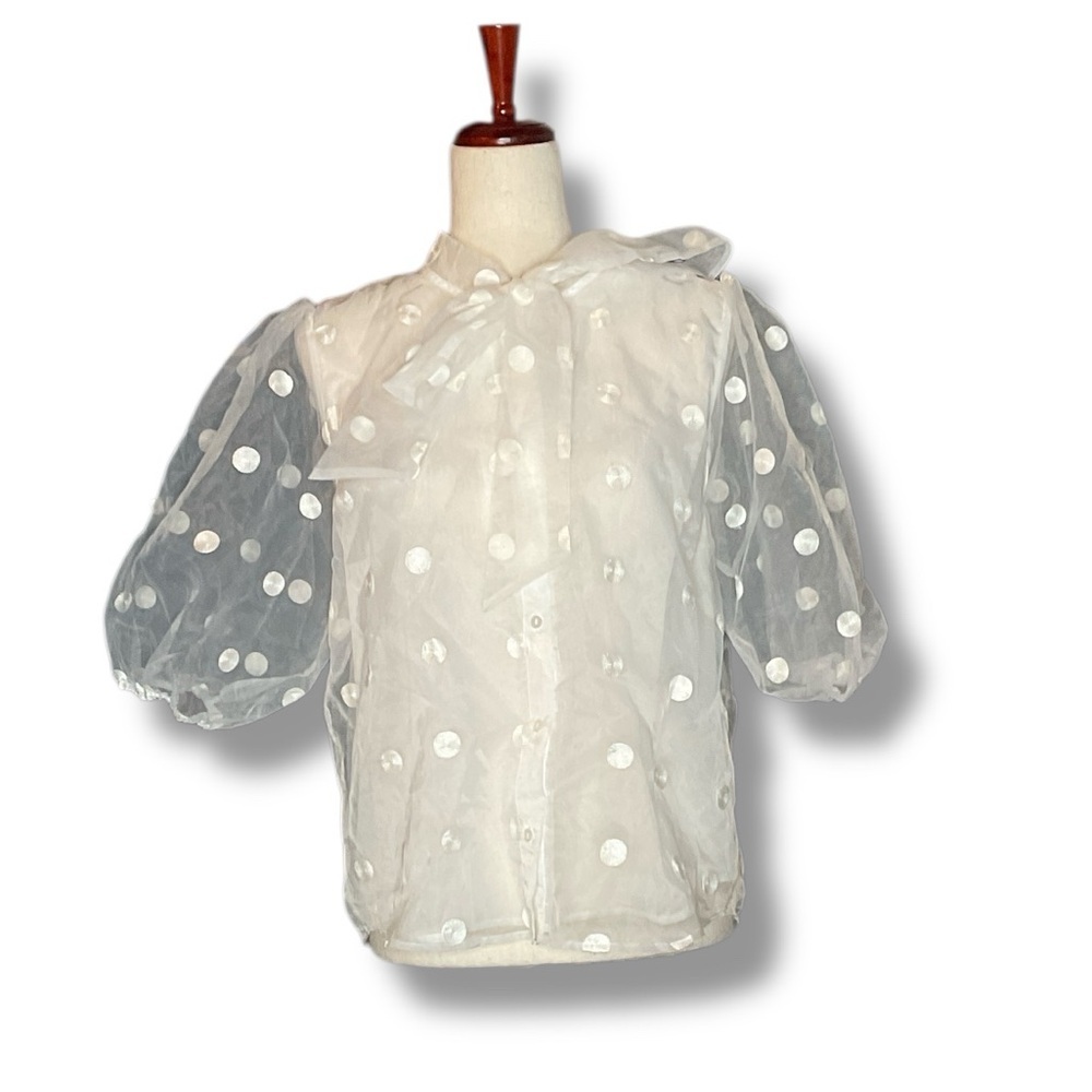 Marc New York White Organza Puff Sleeve Embroidered Polka Dot High Neck Blouse